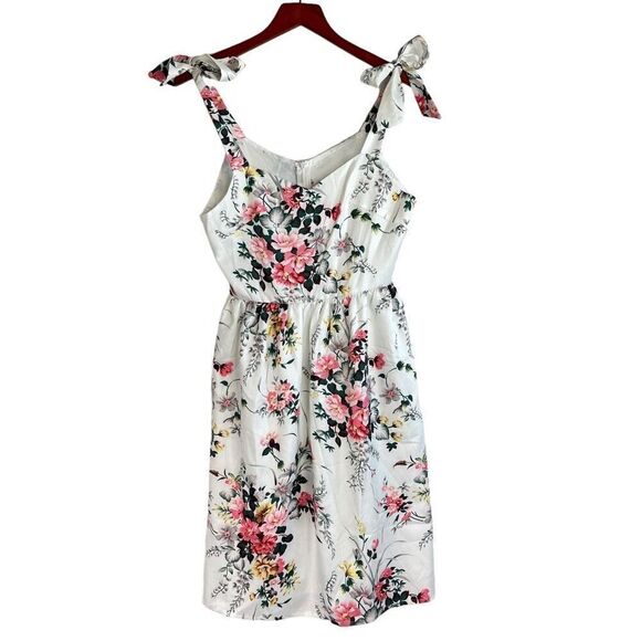 Womens Floral V-Neck Strap Tie Empire Waist Fit & Flare Sundress White Small - Picture 1 of 13